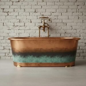 Vintage Copper Finish Freestanding Bathtub with Antique Brass Faucet and Teal Patina Accent