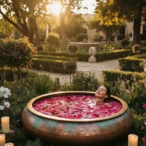 Pure copper hand hammered soaking bathtub with antique finish for luxury bathrooms gardens and spa wellness centres