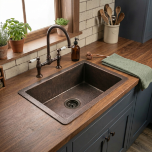 Modern polished copper kitchen sink with antique finish and strainer