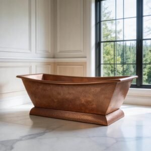 Hammered Copper Freestanding Rectangular Bathtub with Pedestal Base