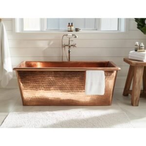 Hammered Copper Rectangular Freestanding Bathtub in Luxury Bathroom