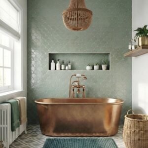 Pure Copper Freestanding Bathtub with Modern Luxury Bathroom Interior