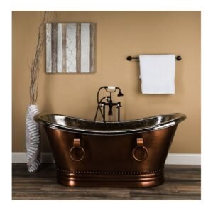 Hammered Copper Freestanding Bathtub with Black Faucet in Modern Bathroom