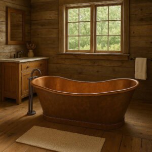 Luxury Oval Copper Freestanding Bathtub in a Rustic Wooden Bathroom