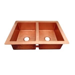 Double bowl copper kitchen sink with rectangular handcrafted basin design