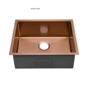 Modern rectangular copper kitchen sink with single bowl and smooth polished finish