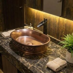 Handcrafted antique copper oval vessel sink with decorative embossed design