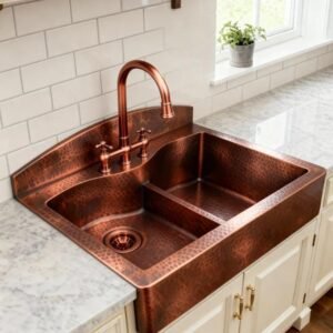 Handcrafted double bowl copper kitchen sink with hammered finish and five faucet holes